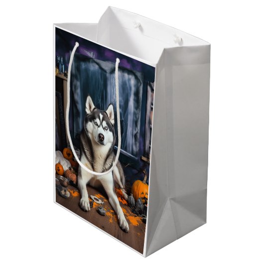 Siberische Husky pompoenen Halloween eng Medium Cadeauzakje (Achterkant Gekanteld)