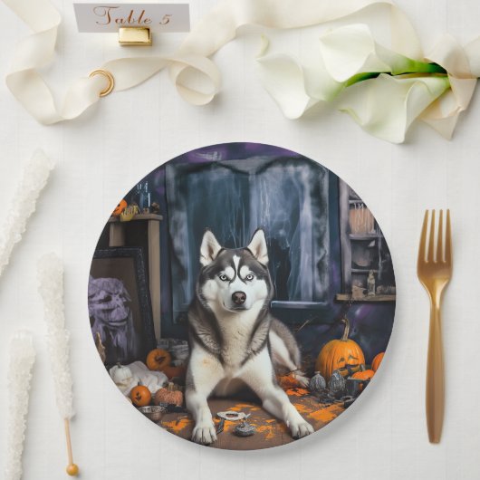Siberische Husky pompoenen Halloween eng Papieren Bordje (Huwelijk)
