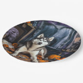 Siberische Husky pompoenen Halloween eng Papieren Bordje (Gekanteld)