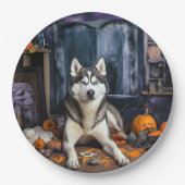 Siberische Husky pompoenen Halloween eng Papieren Bordje (Voorkant)