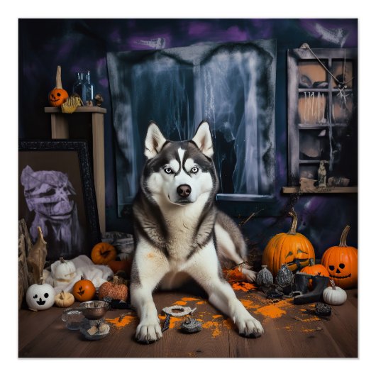 Siberische Husky pompoenen Halloween eng Perfect Poster (Voorkant)