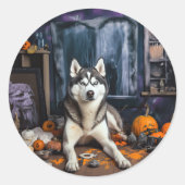 Siberische Husky pompoenen Halloween eng Ronde Sticker (Voorkant)
