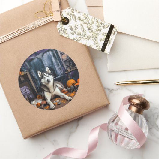 Siberische Husky pompoenen Halloween eng Ronde Sticker (Geschenken)