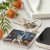 Siberische Husky pompoenen Halloween eng Sleutelhanger (Voorkant Rechts)