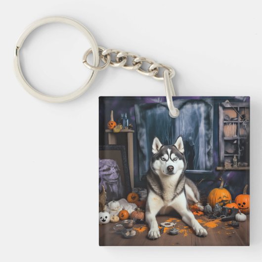 Siberische Husky pompoenen Halloween eng Sleutelhanger (Voorkant)