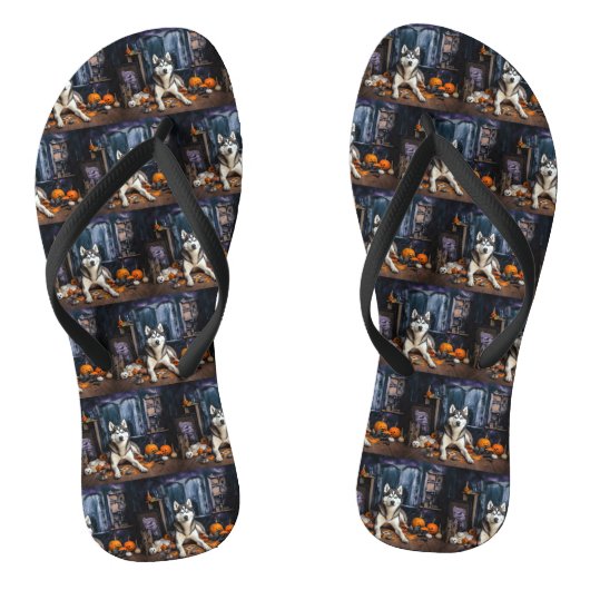 Siberische Husky pompoenen Halloween eng Teenslippers (Voetbed)