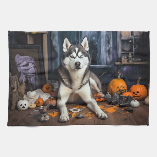 Siberische Husky pompoenen Halloween eng Theedoek (Horizontaal)