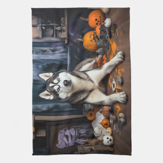 Siberische Husky pompoenen Halloween eng Theedoek (Verticaal)