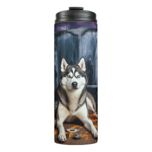 Siberische Husky pompoenen Halloween eng Thermosbeker