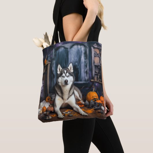 Siberische Husky pompoenen Halloween eng Tote Bag (Dichtbij)