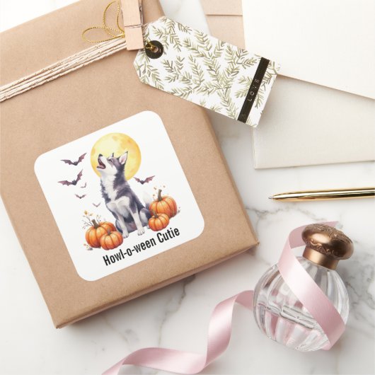 Siberische Husky Puppy Halloween Waterverf Vierkante Sticker (Geschenken)