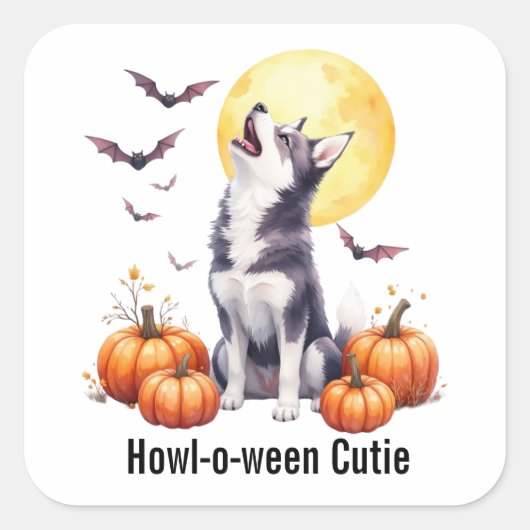 Siberische Husky Puppy Halloween Waterverf Vierkante Sticker (Voorkant)