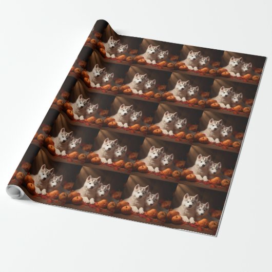 Siberische Husky Puppy Herfst Delight Pompoen Cadeaupapier (Uitgerold)