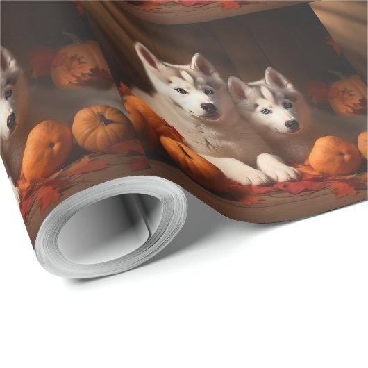 Siberische Husky Puppy Herfst Delight Pompoen Cadeaupapier (Rol Hoek)