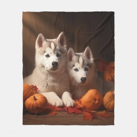 Siberische Husky Puppy Herfst Delight Pompoen Fleece Deken (Voorkant)