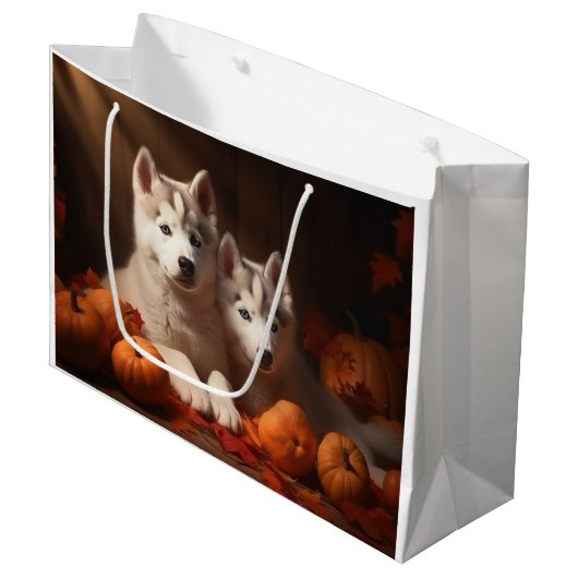 Siberische Husky Puppy Herfst Delight Pompoen Groot Cadeauzakje (Voorkant Gekanteld)