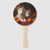 Siberische Husky Puppy Herfst Delight Pompoen Handwaaier (Voorkant)