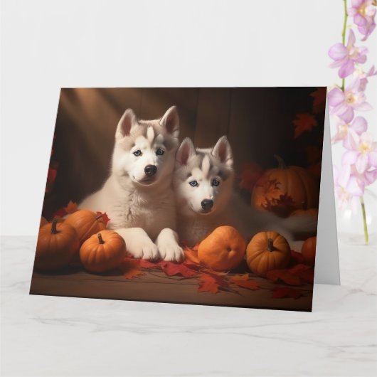 Siberische Husky Puppy Herfst Delight Pompoen Kaart (Orchidee)