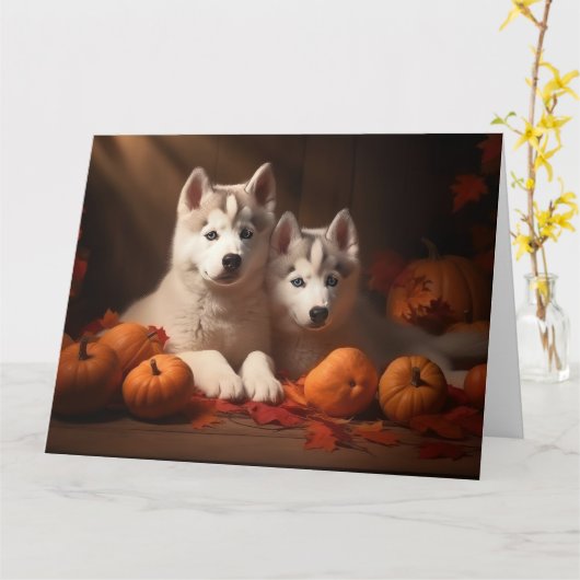 Siberische Husky Puppy Herfst Delight Pompoen Kaart (Gele Bloem)