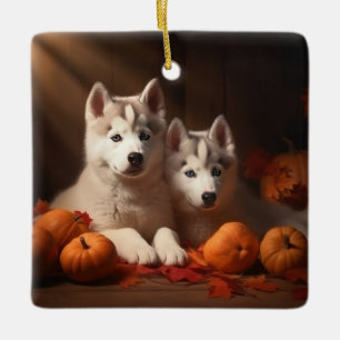 Siberische Husky Puppy Herfst Delight Pompoen Keramisch Ornament