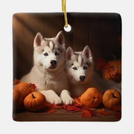 Siberische Husky Puppy Herfst Delight Pompoen Keramisch Ornament (Voorkant)