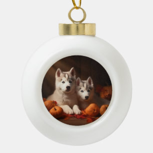 Siberische Husky Puppy Herfst Delight Pompoen Keramische Bal Ornament