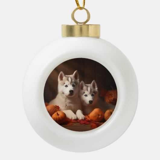 Siberische Husky Puppy Herfst Delight Pompoen Keramische Bal Ornament (Voorkant)
