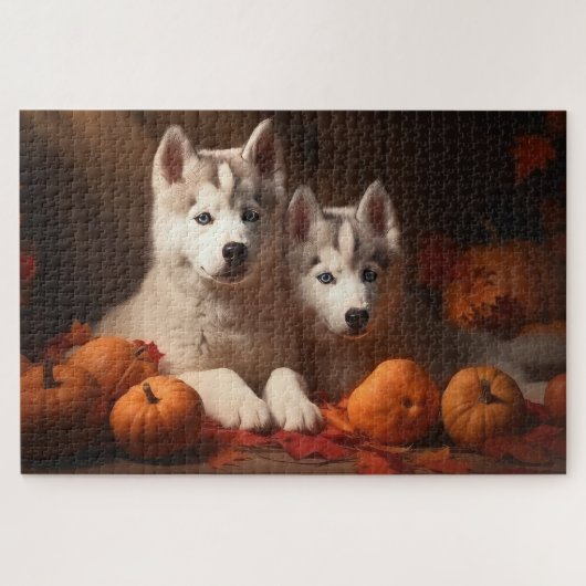 Siberische Husky Puppy Herfst Delight Pompoen Legpuzzel (Horizontaal)