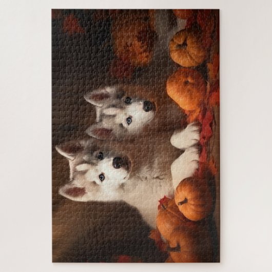 Siberische Husky Puppy Herfst Delight Pompoen Legpuzzel (Verticaal)
