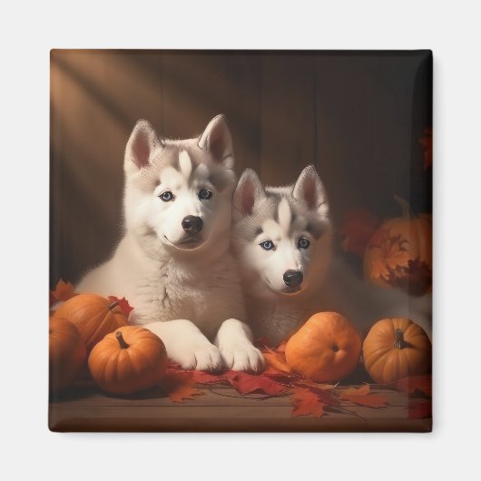 Siberische Husky Puppy Herfst Delight Pompoen Magneet (Voorkant)