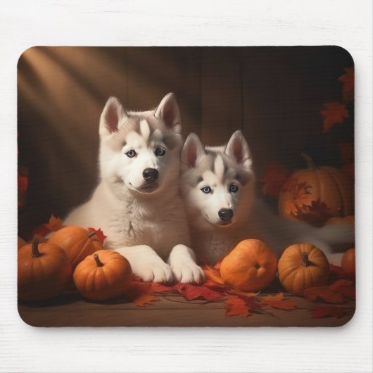 Siberische Husky Puppy Herfst Delight Pompoen Muismat (Voorkant)