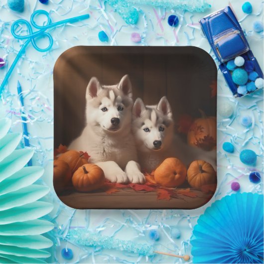 Siberische Husky Puppy Herfst Delight Pompoen Papieren Bordje (Feest)