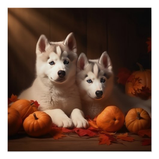 Siberische Husky Puppy Herfst Delight Pompoen Perfect Poster (Voorkant)