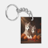Siberische Husky Puppy Herfst Delight Pompoen Sleutelhanger (Voorkant Links)
