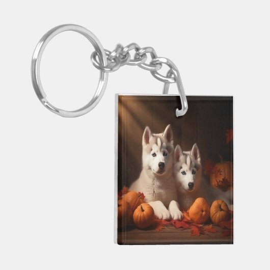 Siberische Husky Puppy Herfst Delight Pompoen Sleutelhanger (Voorkant Links)