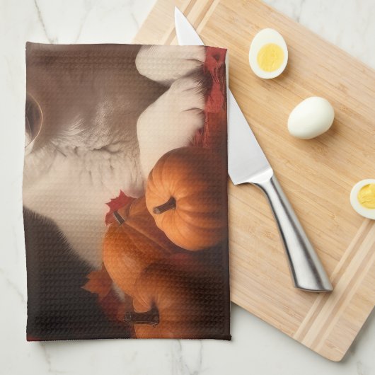 Siberische Husky Puppy Herfst Delight Pompoen Theedoek (Quarter Fold)