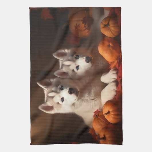 Siberische Husky Puppy Herfst Delight Pompoen Theedoek (Verticaal)