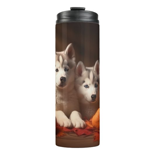 Siberische Husky Puppy Herfst Delight Pompoen Thermosbeker (Voorkant)