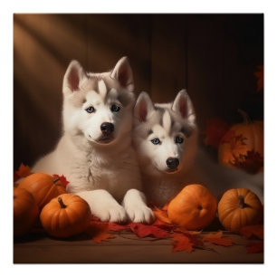Siberische Husky Puppy Herfst Plezier Pompoen Perfect Poster