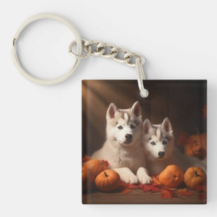 Siberische Husky Puppy Herfst Plezier Pompoen Sleutelhanger