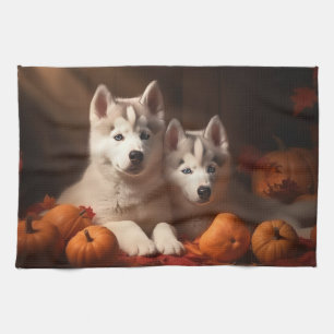 Siberische Husky Puppy Herfst Plezier Pompoen  Theedoek