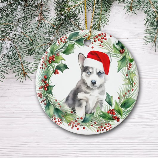 Siberische Husky Puppy Holly Krans Kerstmis Keramisch Ornament