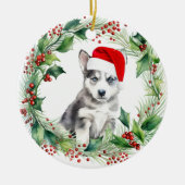 Siberische Husky Puppy Holly Krans Kerstmis Keramisch Ornament (Voorkant)