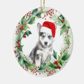 Siberische Husky Puppy Holly Krans Kerstmis Keramisch Ornament (Links)