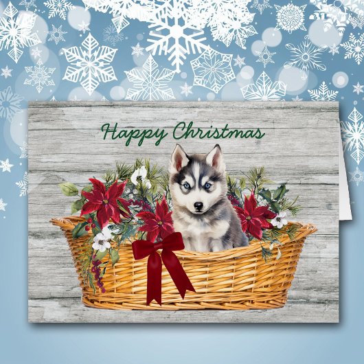 Siberische Husky Puppy in Basket Christmas Kaart