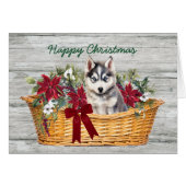 Siberische Husky Puppy in Basket Christmas Kaart (Voorkant Horizontaal)