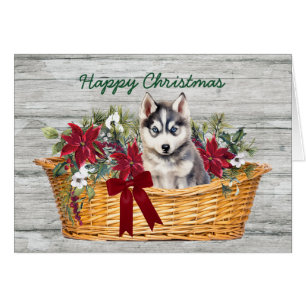 Siberische Husky Puppy in Basket Christmas Kaart