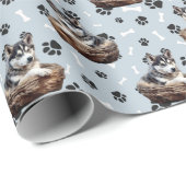 Siberische Husky Puppy in Basket Paw Print Cadeaupapier (Rol Hoek)