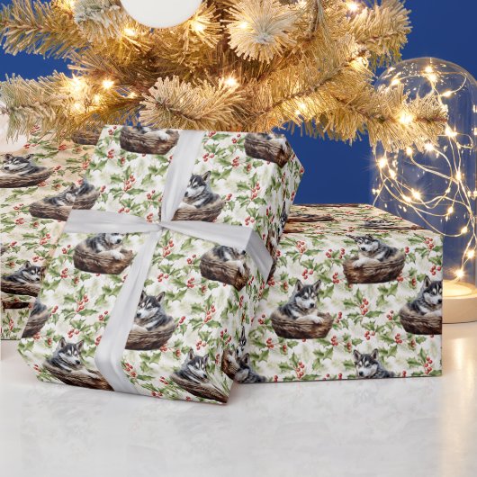 Siberische Husky Puppy in mand Kerst Holly Cadeaupapier (Feestdagen)