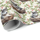 Siberische Husky Puppy in mand Kerst Holly Cadeaupapier (Rol Hoek)